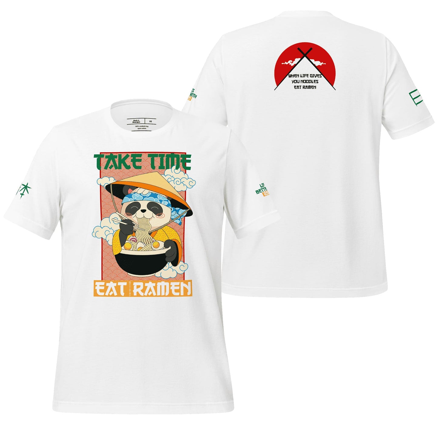 A crisp white t-shirt featuring the "Take Time, Eat Ramen" design, offering a clean and classic canvas for its playful and creative graphics. A versatile choice for everyday wear.