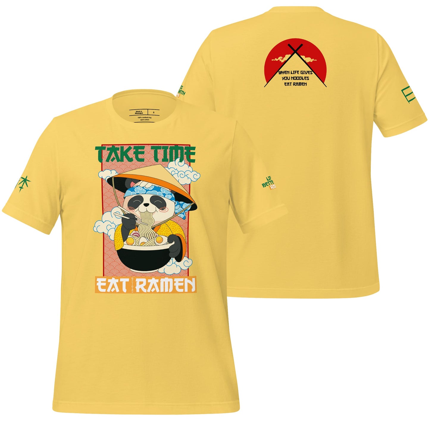 A bright yellow t-shirt showcasing the "Take Time, Eat Ramen" design, pairing a sunny color with quirky, ramen-loving visuals. Perfect for making a cheerful and bold statement.
