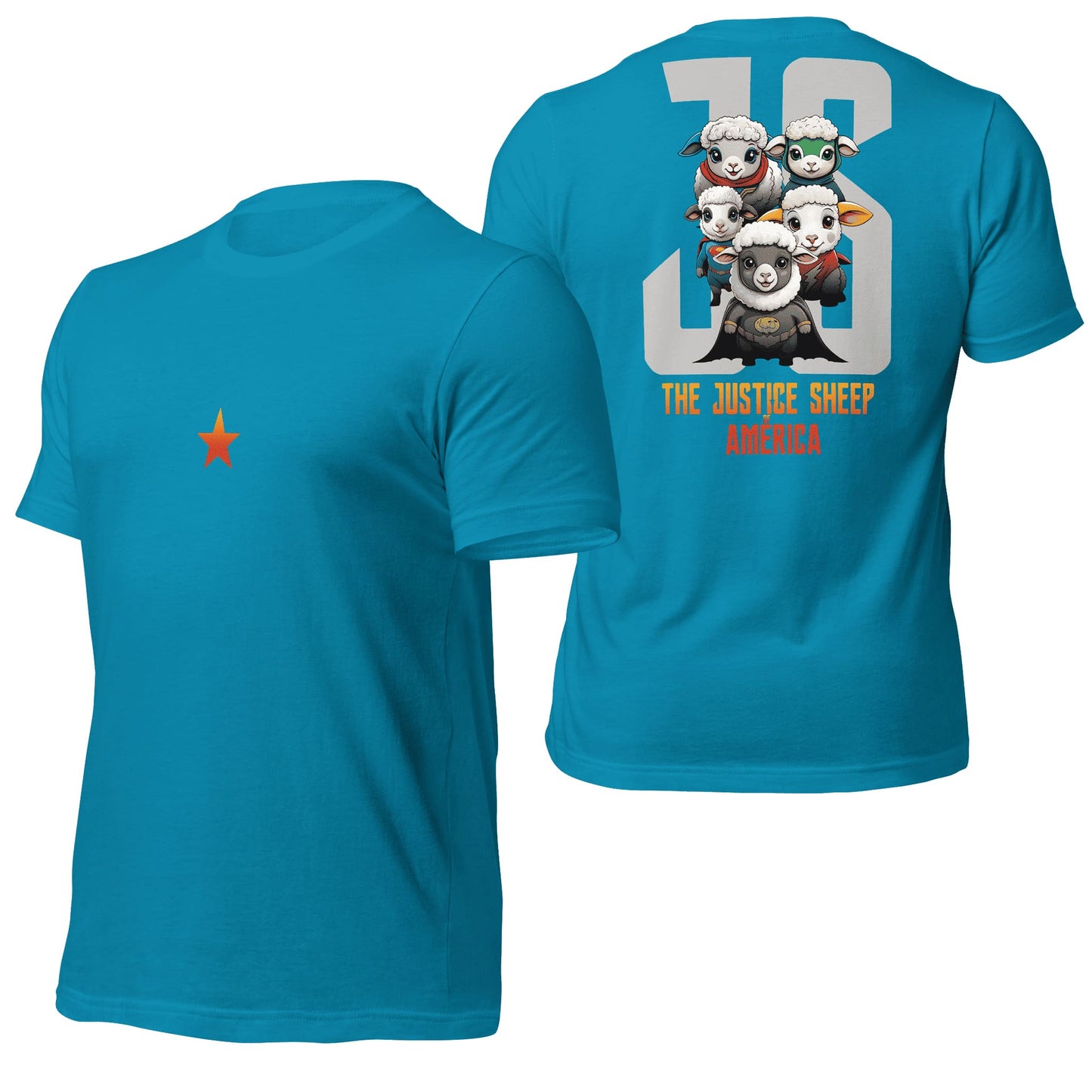 An aqua-colored t-shirt showcasing "The Justice Sheep of America" design, blending a refreshing hue with playful, justice-inspired graphics. Great for a relaxed and lighthearted look.