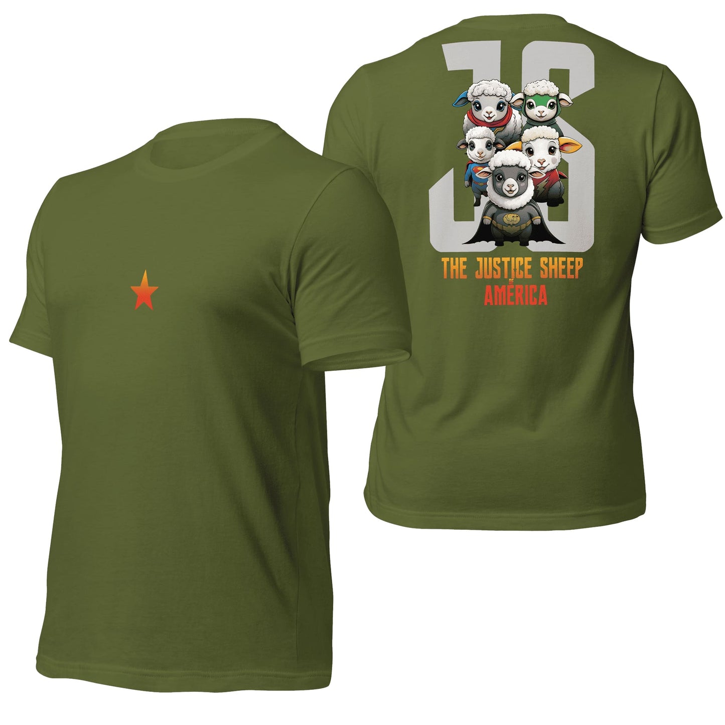 A muted olive green t-shirt adorned with "The Justice Sheep of America" design, offering an earthy tone paired with fun and thought-provoking visuals. Perfect for understated, casual styling.