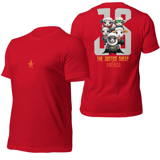 A bold red t-shirt featuring "The Justice Sheep of America" design with whimsical and patriotic-themed artwork. Perfect for casual wear that combines humor with a striking visual impact.