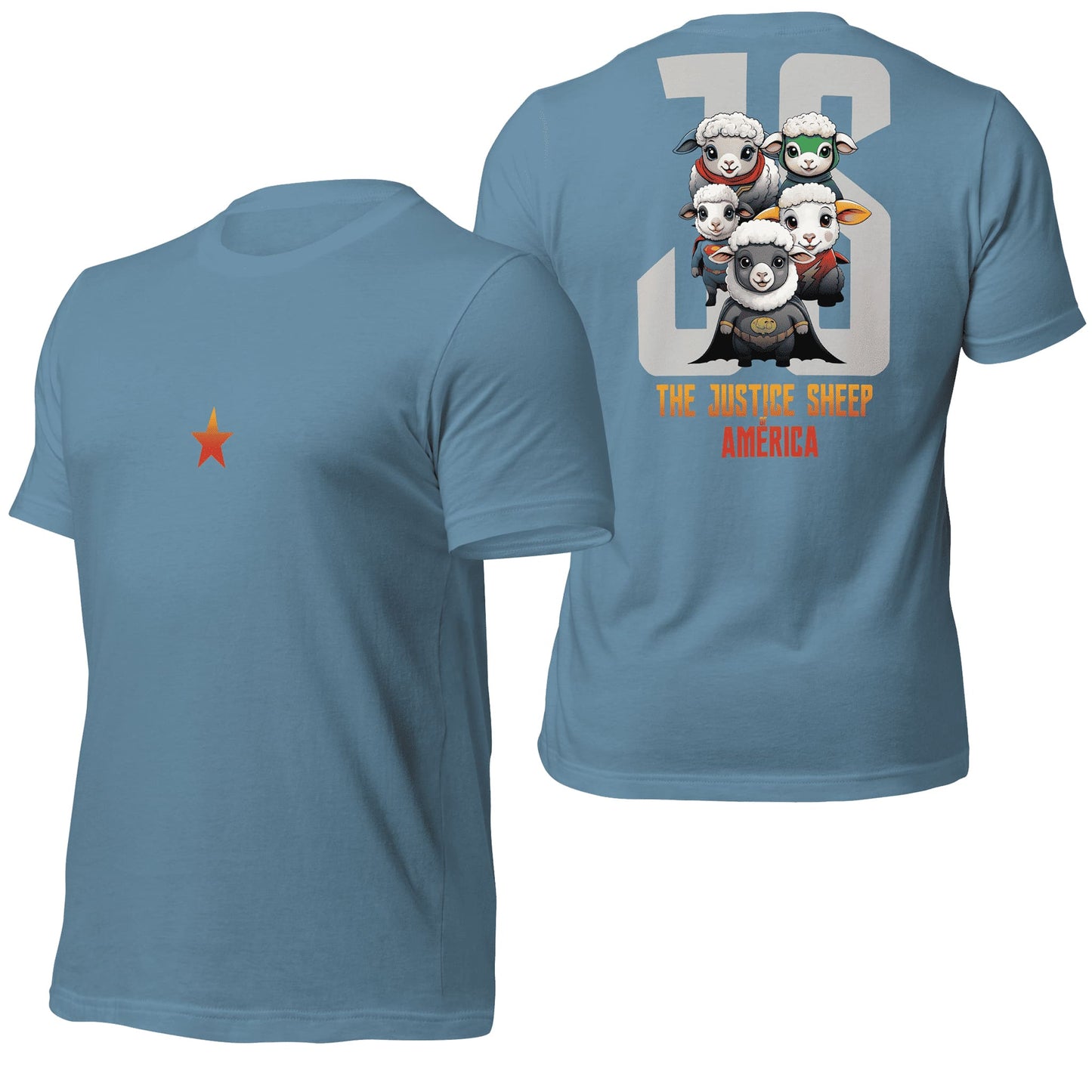 A soft steel blue t-shirt featuring "The Justice Sheep of America" design, combining a calming color with creative and humorous artwork. Great for a laid-back yet unique aesthetic.