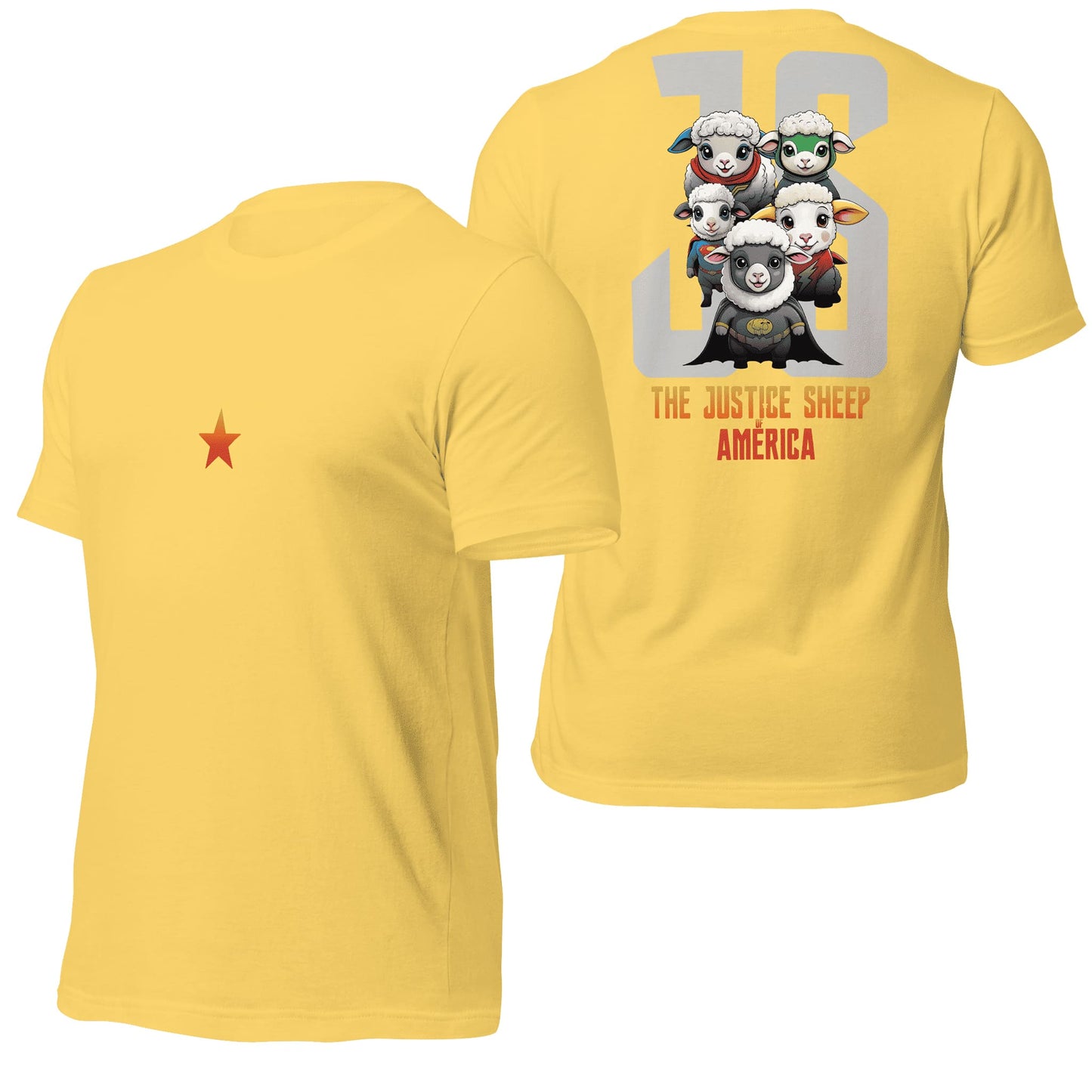 A vibrant yellow t-shirt adorned with "The Justice Sheep of America" design, pairing a cheerful tone with patriotic and playful visuals. Perfect for making a bright and energetic statement.