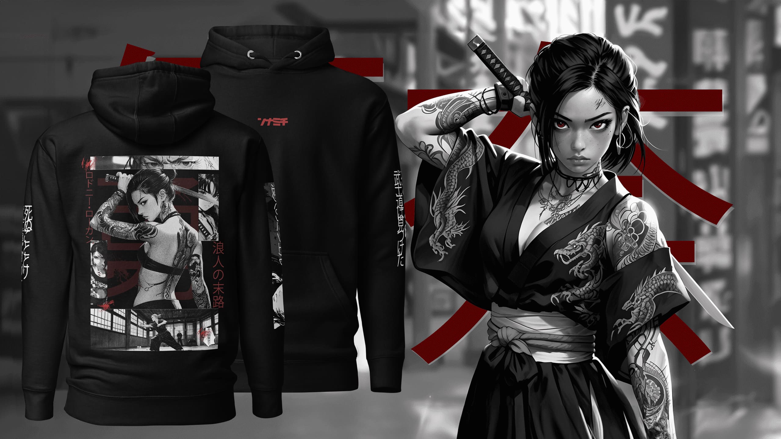 A black hoodie featuring an image of the fictional character yuna by rodneylogan,  confidently holding a sword, showcasing strength and style. the picture is a promo for the new yuna hoodie black edition