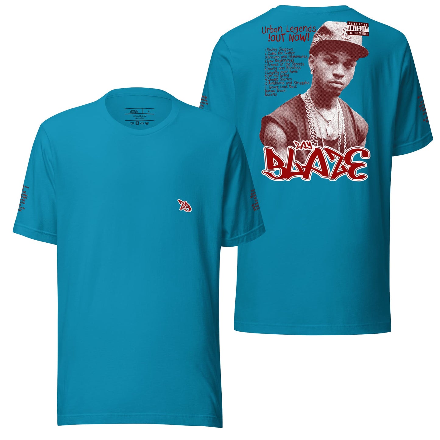 An aqua-colored t-shirt adorned with the "Zay Blaze Urban Legends" design, combining a refreshing hue with bold, city-themed visuals. Perfect for a standout casual look with an urban twist.