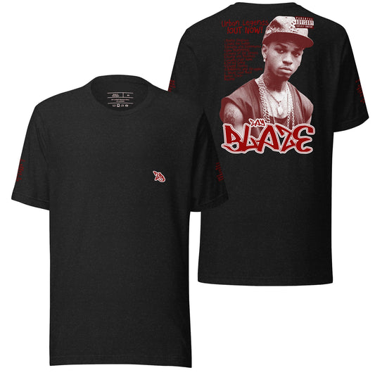 A black heather t-shirt featuring the "Zay Blaze Urban Legends" design with bold, urban-inspired graphics. The subtle texture and dark tone add depth to this stylish and casual piece.