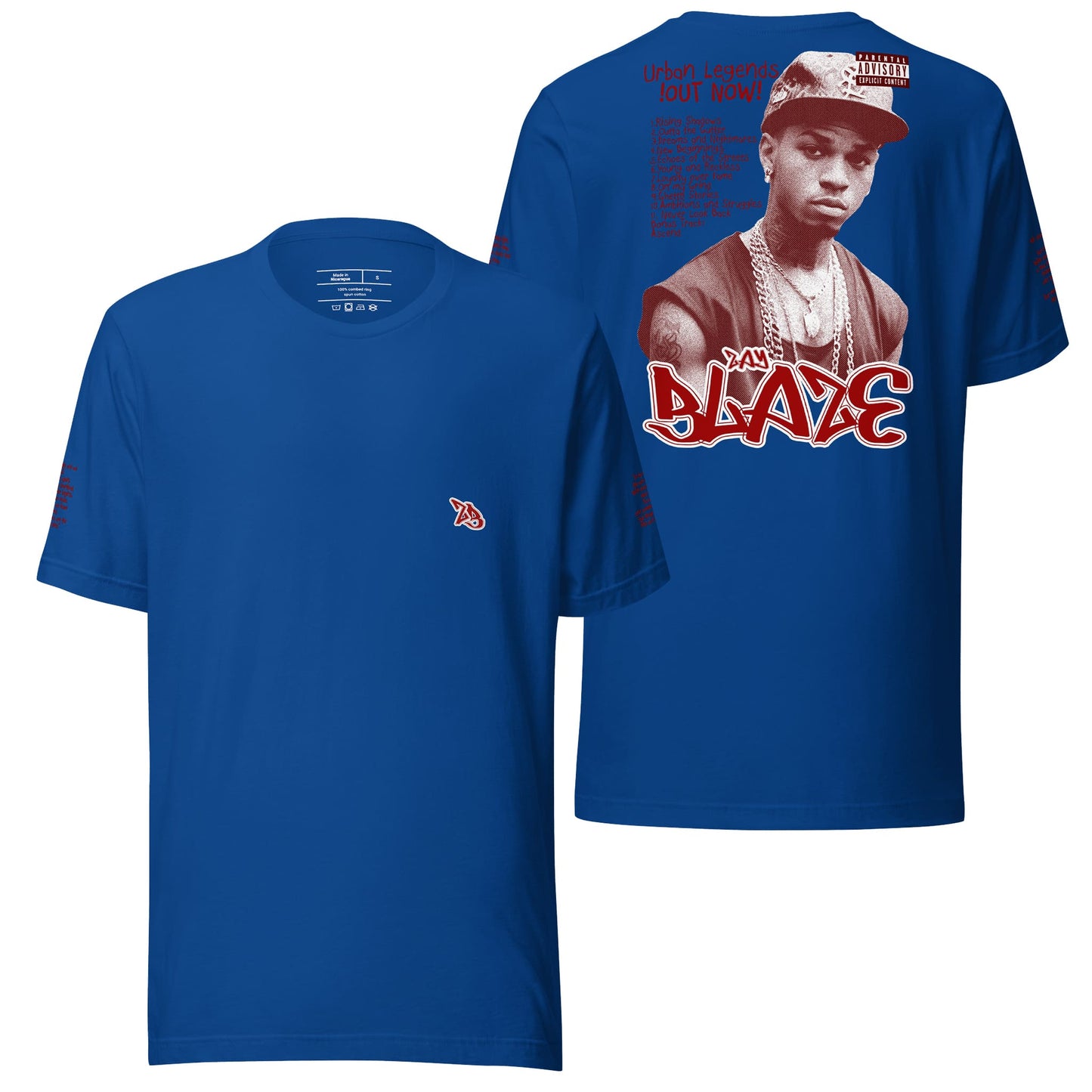 A rich true royal blue t-shirt featuring the "Zay Blaze Urban Legends" design, pairing a vibrant tone with striking graphics that celebrate urban culture. Great for adding a bold pop of color to your wardrobe.