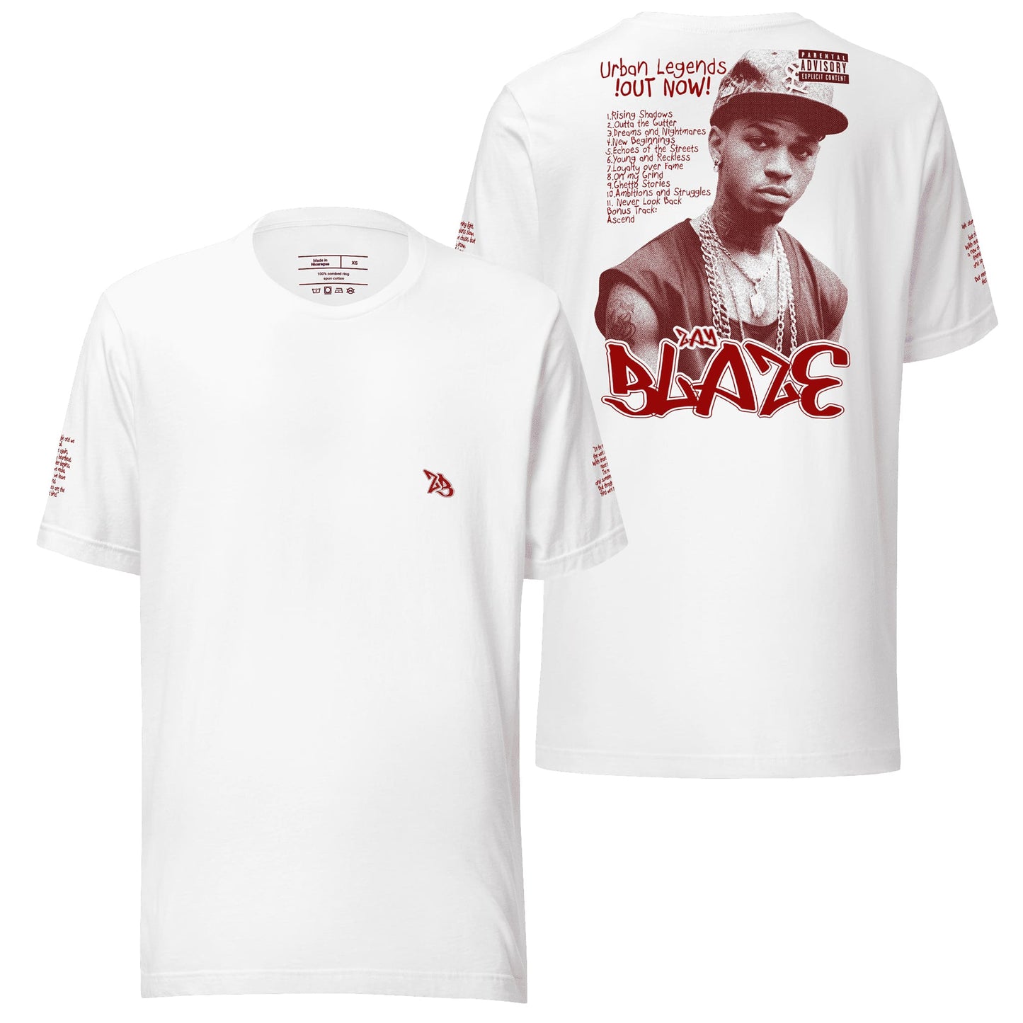A crisp white t-shirt showcasing the "Zay Blaze Urban Legends" design, offering a clean and classic canvas for its dynamic and modern artwork. A versatile option for effortless streetwear.